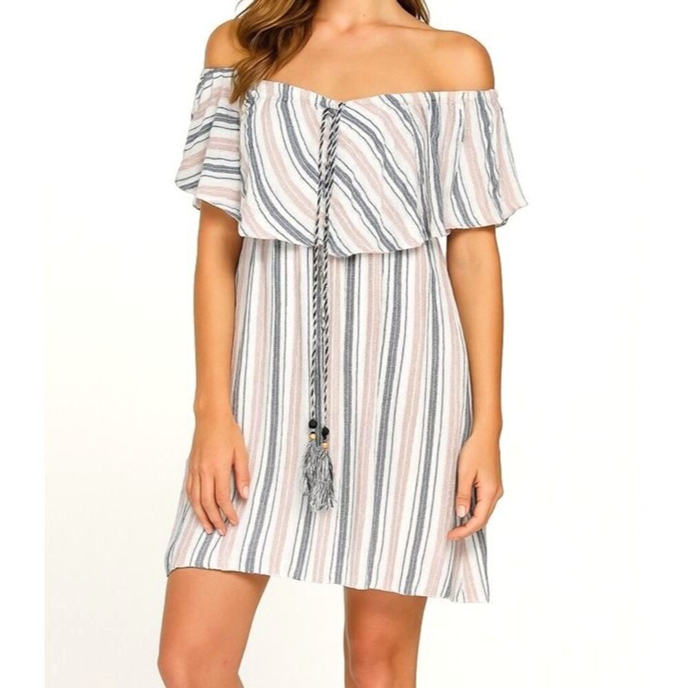 VENUS Dress Summer Boho Off-Shoulder Tiered Short Beach Stripes Women Size Small